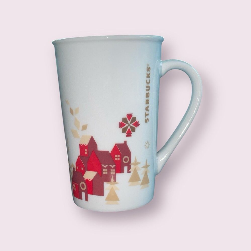 2013 Starbucks Coffee‎ Mug White with Red Houses Gold Trees Christmas 12 fl oz